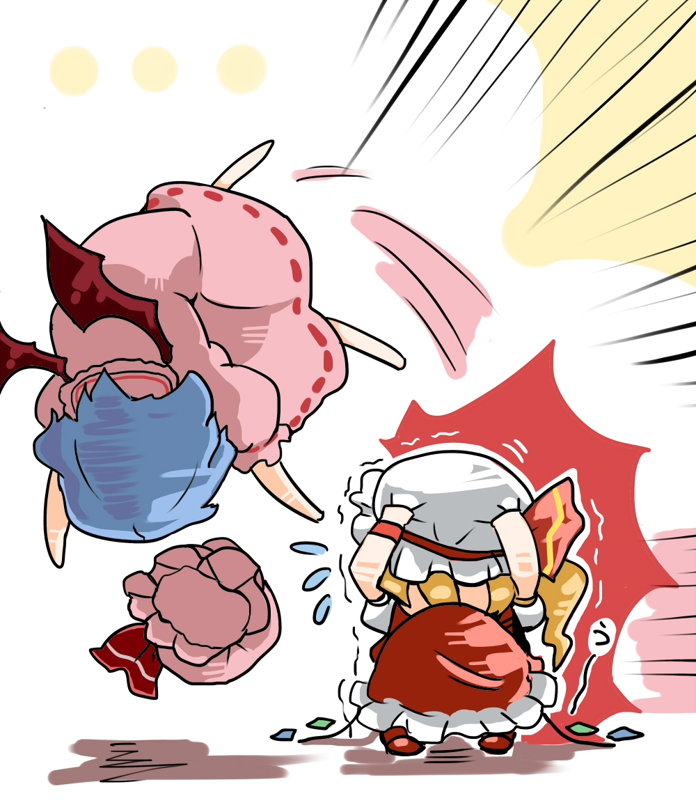 2girls, bat_wings, blonde_hair, blue_hair, chibi, collision, cowering, flandre_scarlet