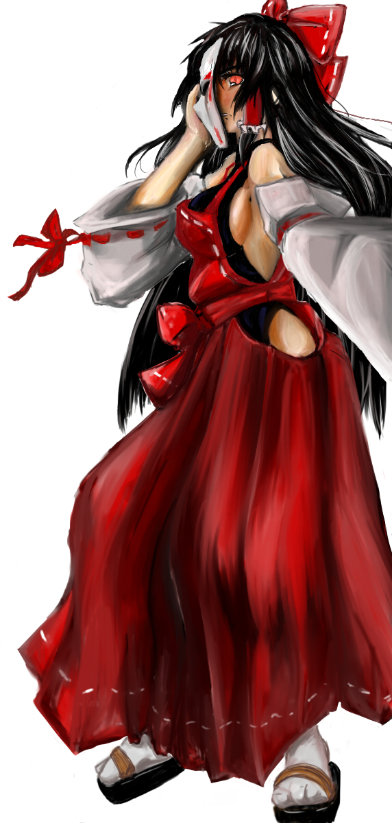 1girl, black_hair, blush, bow, breasts, covering_face, detached_sleeves, geta