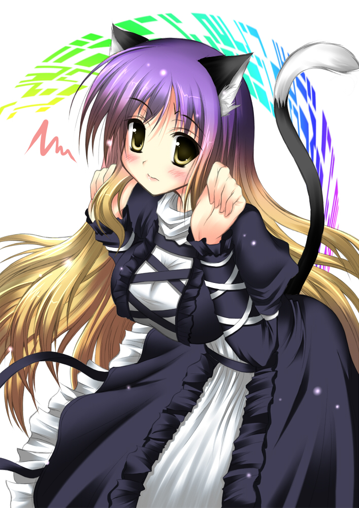 bad_id, blonde_hair, blush, breasts, brown_hair, cat_ears, cat_tail, dress