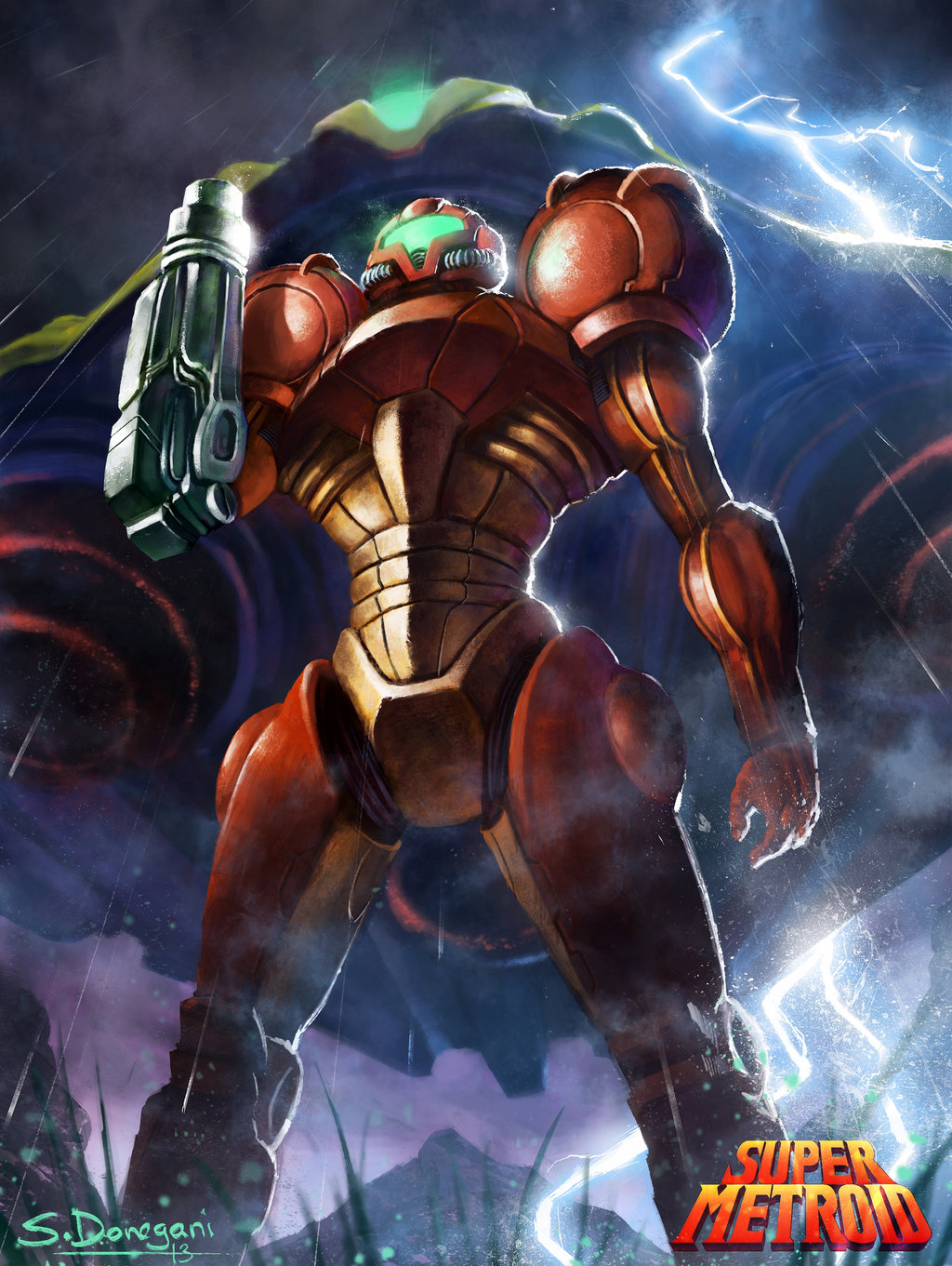 1girl, 2013, arm_cannon, armor, cloudy_sky, copyright_name, full_armor, grass, highres, lightning, metroid, nintendo, power_armor, power_suit, rain, samus_aran, signature, solo, space_craft, steven_donegani, super_metroid, varia_suit, visor, weapon