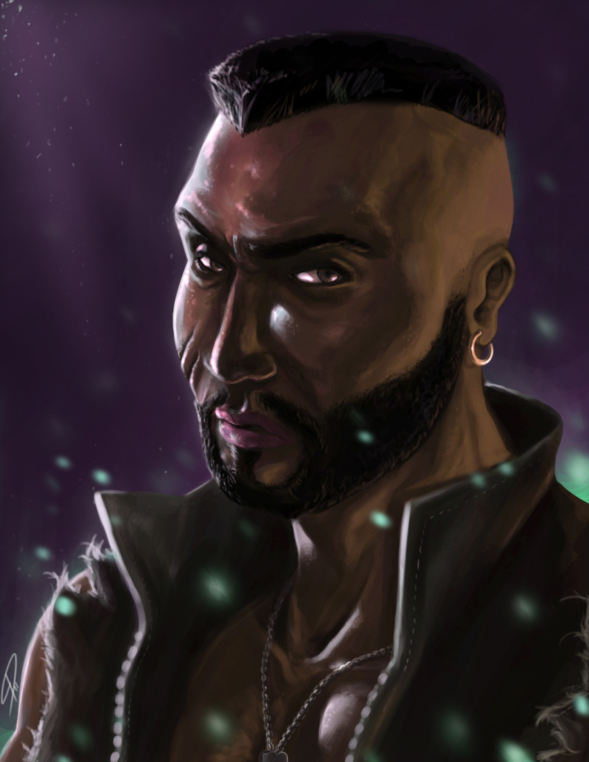 1boy, absurdres, barret_wallace, beard, black_hair, brown_eyes, cutoffs, dark_skin