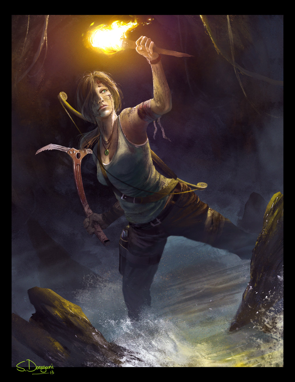 1girl, 2013, blood, blood_in_mouth, bow_(weapon), breasts, brown_hair, cave, dirty, fire, green_eyes, highres, injury, jewelry, lara_croft, pendant, pickaxe, ponytail, realistic, signature, sleeveless, solo, steven_donegani, tank_top, tomb_raider, torch, wading, water, weapon, wound