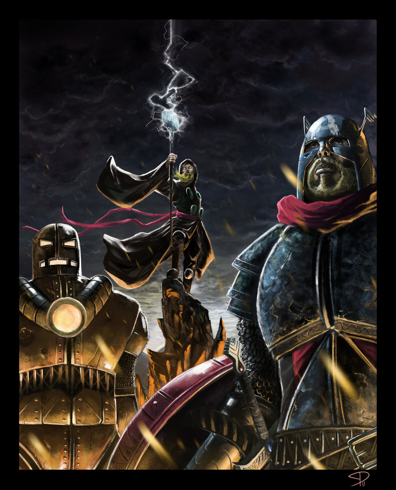 3boys, armor, avengers, beard, belt, black_border, blonde_hair, blue_eyes