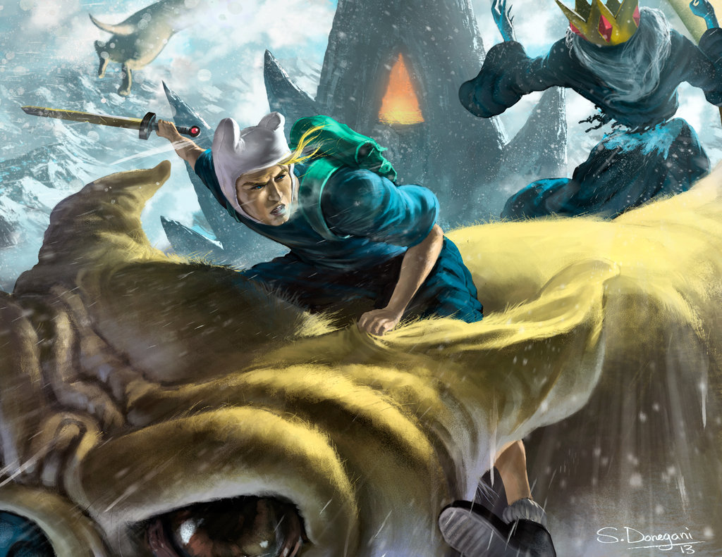 2013, 2boys, adventure_time, animal, backpack, bag, battle, blonde_hair