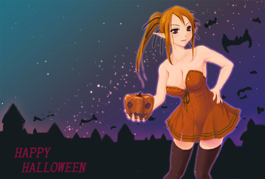 bare_shoulders, bat, breasts, brown_hair, cleavage, dress, halloween, hand_on_hip