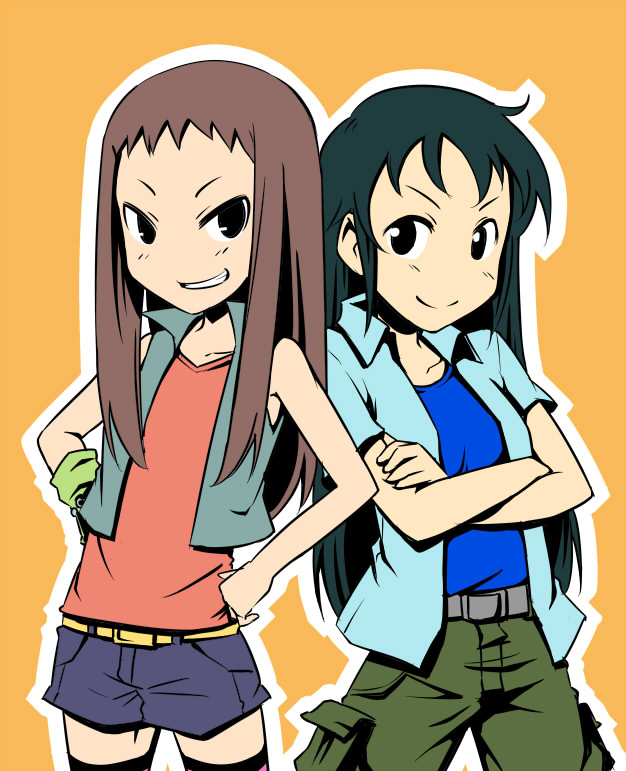 2girls, belt, black_hair, brown_hair, cargo_shorts, casual, crossed_arms, dress_shirt