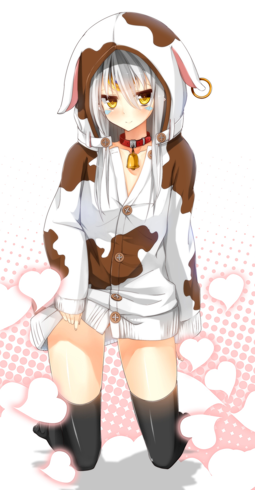 1girl, absurdres, animal_hood, bell, bell_collar, black_legwear, collar, cow_bell