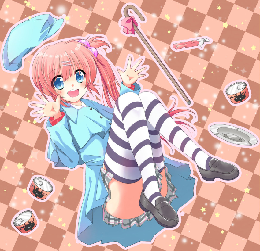 1girl, ashtray, beret, blue_eyes, can, can_opener, cane, cat_food