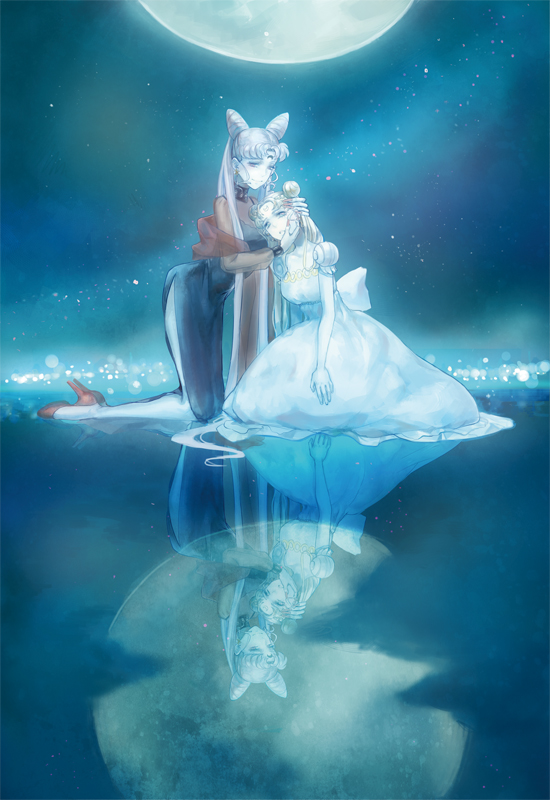 2girls, ant_(zeronez), bishoujo_senshi_sailor_moon, black_lady, blonde_hair, blue, chibi_usa, double_bun, dress, full_body, full_moon, hand_on_another's_face, high_heels, holding, kneeling, long_hair, moon, moonlight, multiple_girls, night, older, pink_hair, princess_serenity, red_shoes, reflection, shoes, sky, star_(sky), starry_sky, tsukino_usagi, twintails, white_dress