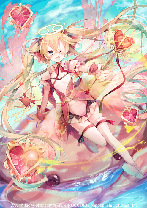 1girl, angel, animal, blonde_hair, blue_eyes, boots, bubble, cancer