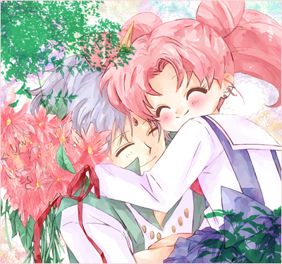 1boy, 1girl, bishoujo_senshi_sailor_moon, blush, bouquet, chibi_usa, double_bun, flower