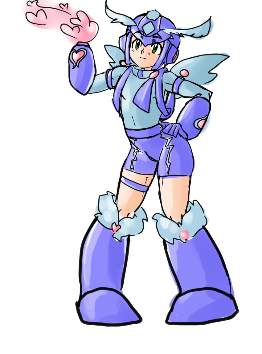 1boy, android, arm_cannon, fusion, green_eyes, hand_on_hip, heart, helmet, highres, kid_icarus, mandragoria, mega_man_(character), mega_man_(classic), mega_man_(series), pigeon-toed, pit_(kid_icarus), rockman, rockman_(character), rockman_(classic), shorts, thigh_strap, weapon, wings