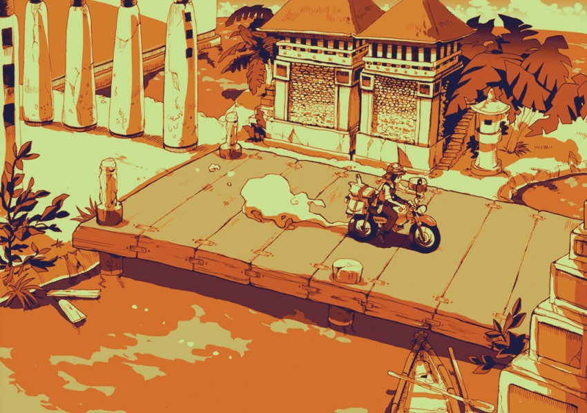 1girl, hermes, kino, kino_no_tabi, monochrome, motor_vehicle, motorcycle, reverse_trap