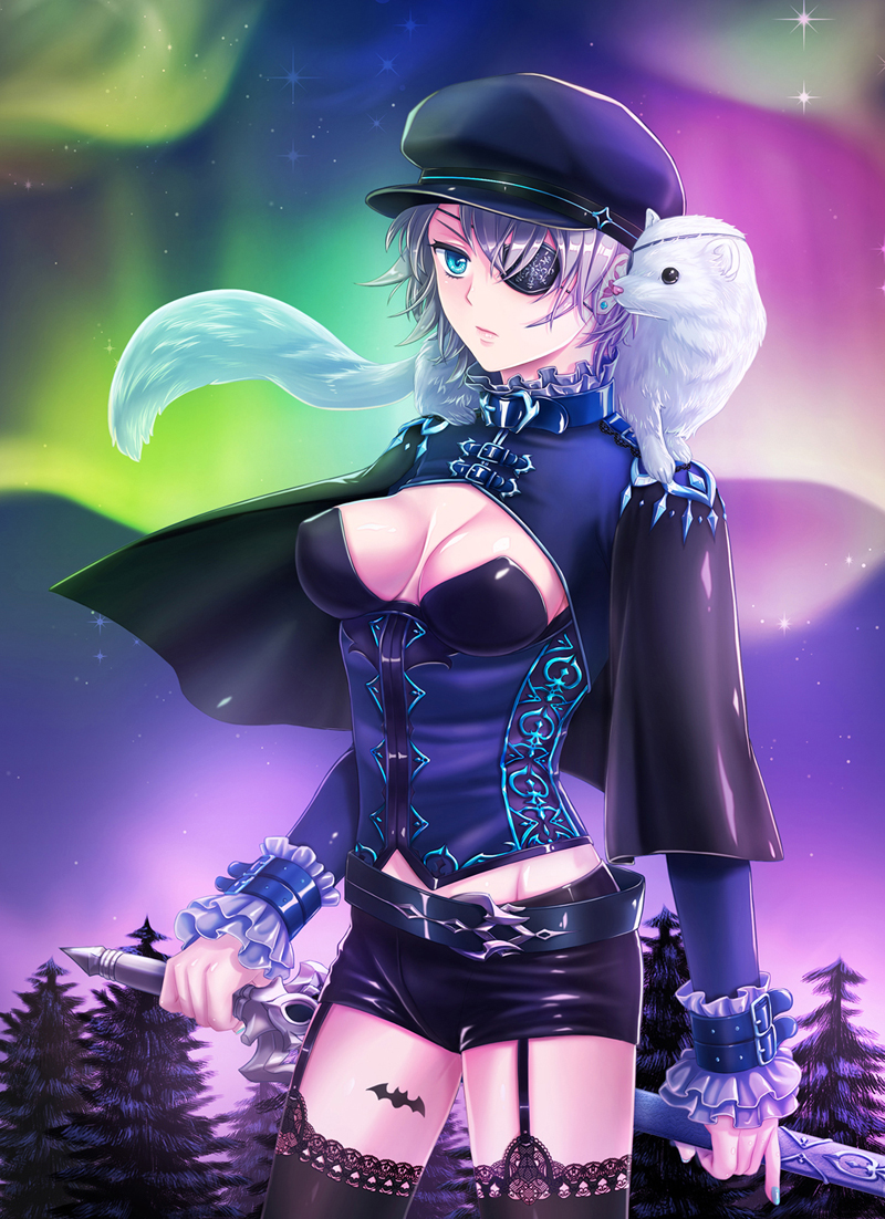 1girl, artist_request, bat_print, belt, belt_buckle, blue_eyes, breasts, capelet