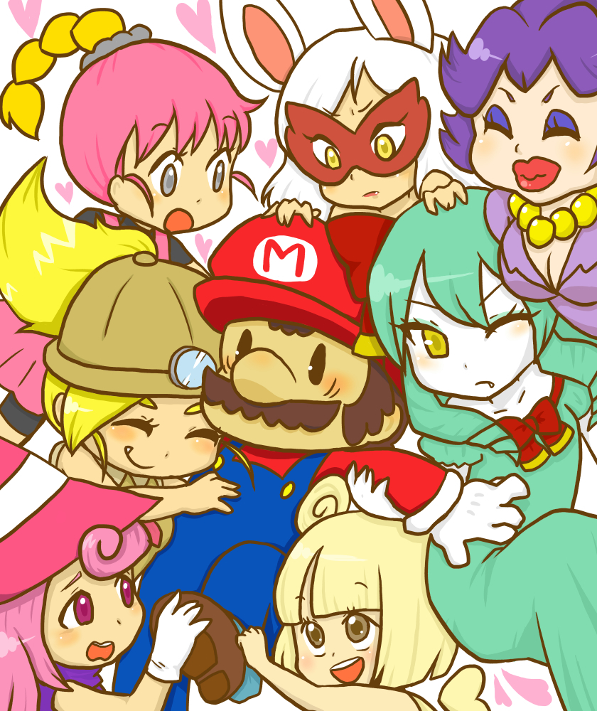 1boy, 6+girls, animal_ears, bangs, blonde_hair, blunt_bangs, blush, bombette, bow, breasts, brown_eyes, brown_hair, buttons, cleavage, closed_eyes, curly_hair, drill_hair, facial_hair, fang, flurrie, gloves, goombella, green_hair, grey_eyes, hair_bow, hair_ribbon, harem, hat, heart, jewelry, lips, lipstick, long_hair, luvbi, makeup, mario, marisu, mask, mouse_ears, ms._mowz, multiple_girls, mustache, necklace, nintendo, nose, open_mouth, overalls, paper_mario, parted_bangs, payot, personification, pink_hair, ponytail, purple_hair, resaresa, ribbon, shadow_siren, shoes, short_hair, simple_background, super_paper_mario, suspenders, teeth, tongue, violet_eyes, vivian, white_hair, wings, wink, yellow_eyes, |_|