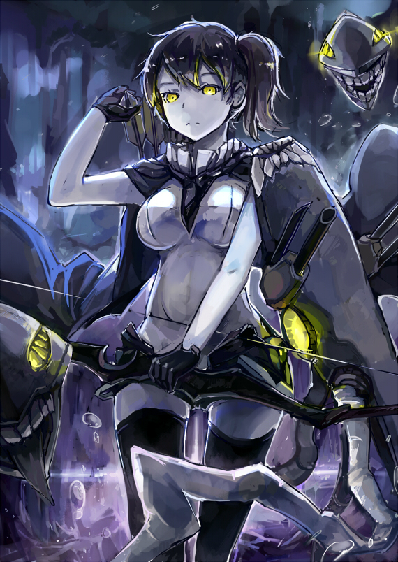 1girl, arrow, bow_(weapon), cannon, gloves, kaga_(kantai_collection), kantai_collection, looking_at_viewer, ponytail, shinkaisei-kan, short_hair, solo, spark_(sandro), thigh-highs, weapon, wo-class_aircraft_carrier, wo-class_aircraft_carrier_(cosplay), yellow_eyes