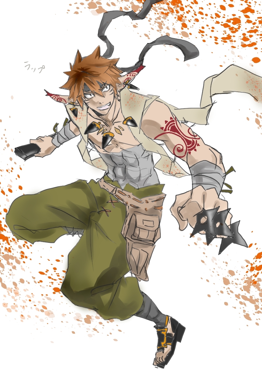 1boy, abs, baggy_pants, bandages, between_fingers, brown_hair, full_body, grandia
