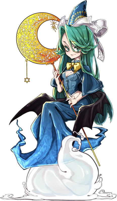 1girl, bow, capelet, crescent, demon_wings, ghost_tail, green_eyes, green_hair