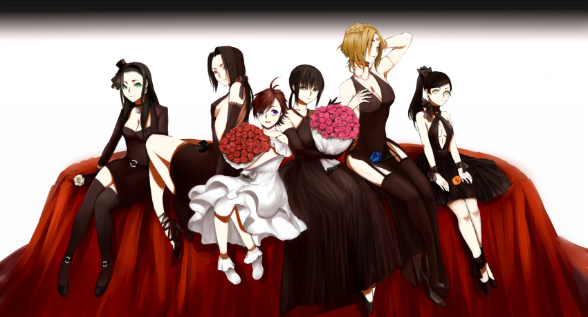 6+girls, black_hair, bouquet, brown_hair, cobracobbra, dress, flower, genderswap, green_eyes, hakurei_(kingdom), kanmei_(kingdom), karyou_ten, kingdom, kyou_(kingdom), kyoukai_(kingdom), long_hair, multiple_girls, short_hair, violet_eyes, yellow_eyes, yotanwa