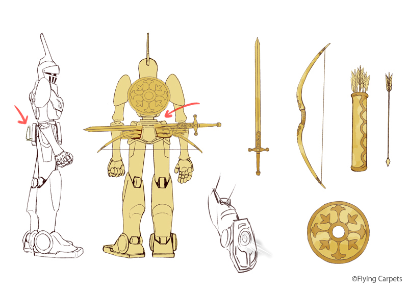 arrow, bow_(weapon), character_sheet, clenched_hand, directional_arrow, english, from_behind, monaka_(siromona)
