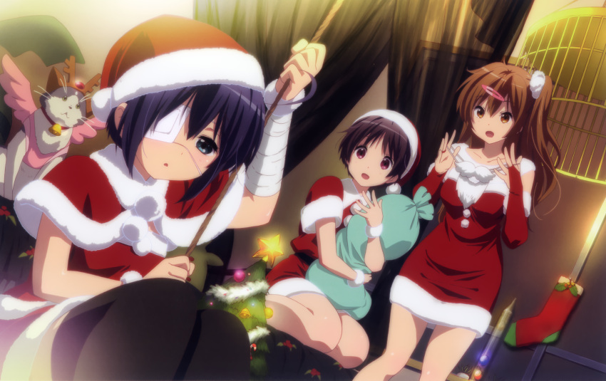 3girls, :d, bandages, blue_eyes, blue_hair, brown_hair, cat, chimera_(chuu2koi)