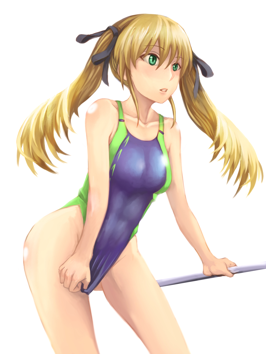 1girl, blonde_hair, competition_swimsuit, dog_days, green_eyes, highres, long_hair, one-piece_swimsuit