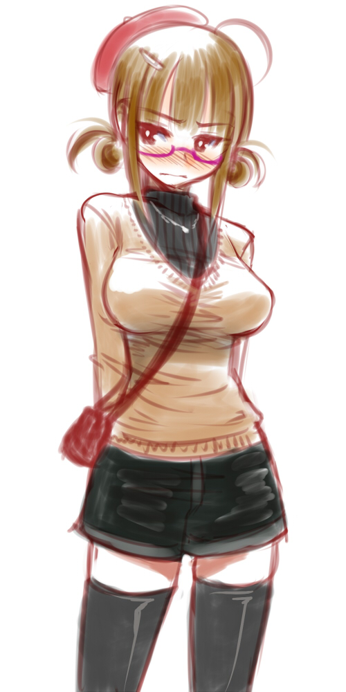 1girl, arms_behind_back, black_legwear, blush, brown_hair, hair_ornament, hairclip, hat
