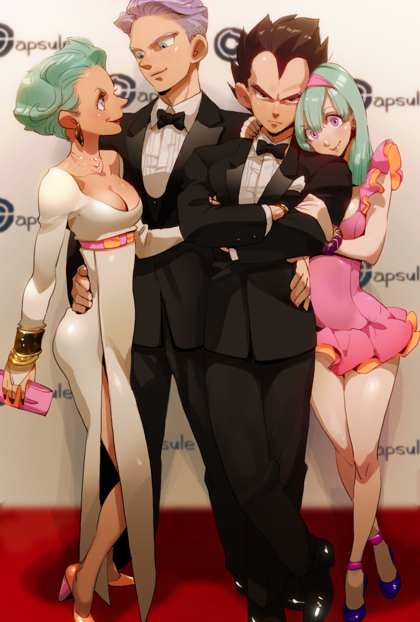 2boys, 2girls, aqua_hair, black_hair, bowtie, bra_(dragon_ball), breasts, bulma, cleavage, dragon_ball, dragon_ball_z, dress, family, highres, multiple_boys, multiple_girls, purple_hair, short_hair, supobi, trunks_(dragon_ball), tuxedo, vegeta