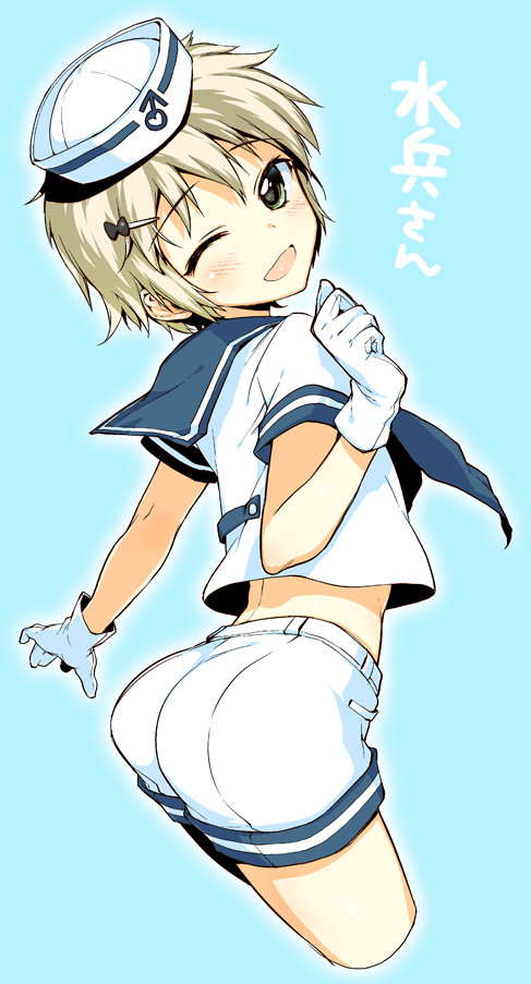 1boy, androgynous, blue_background, blush, gloves, hair_ornament, hairclip, looking_at_viewer, looking_back, male, mars_symbol, midriff, mutyakai, open_mouth, original, shorts, smile, solo, translated, trap, white_gloves, wink