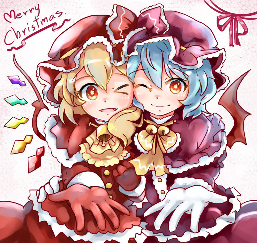 2girls, alternate_costume, bat_wings, blonde_hair, blue_hair, blush, fang, flandre_scarlet