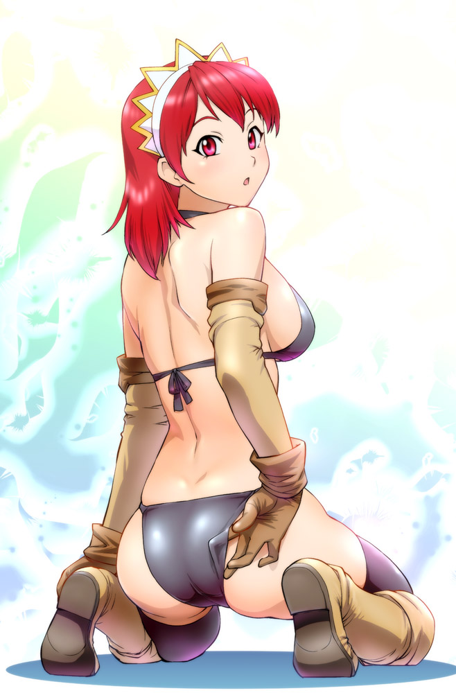 ass, back, bare_shoulders, bikini, boots, cecily_cambell, cecily_campbell, elbow_gloves, gloves, headdress, kneeling, looking_back, pink_eyes, seiken_no_blacksmith, solo, swimsuit, thighhighs, ueyama_michirou