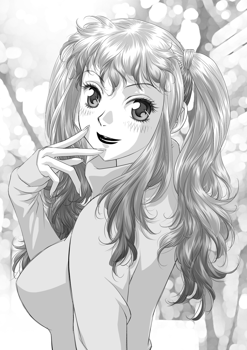 1girl, character_request, fingernails, highres, lipstick, looking_at_viewer, looking_back, makeup
