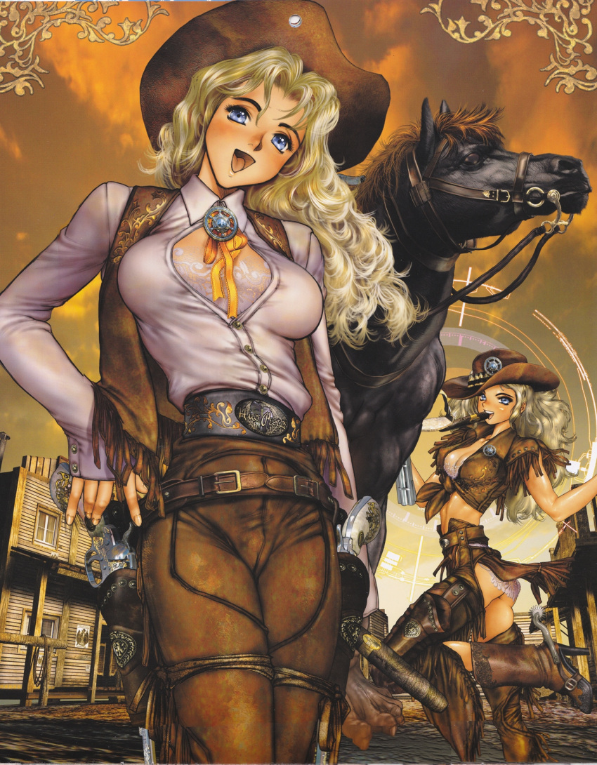 1girl, blonde_hair, boots, breasts, canopri_comic, clone, cowboy_boots, cowboy_hat