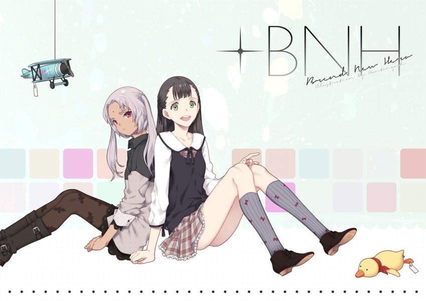 2girls, airplane, arm_support, artist_name, back-to-back, biplane, black_hair, boots
