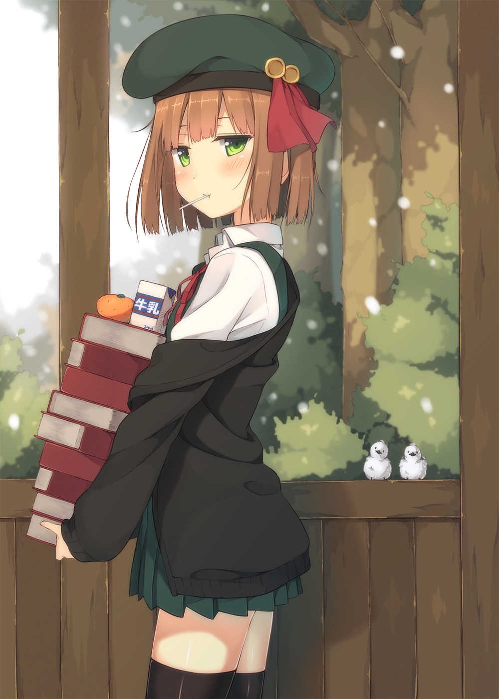1girl, beret, bird, blush, book_stack, brown_hair, cardigan, carton