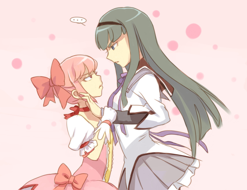 ..., 2girls, akemi_homura, akemi_homura_(cosplay), black_hair, bow, cosplay, frown, gloves, hair_bow, hairband, height_difference, jakuzure_nonon, kaname_madoka, kaname_madoka_(cosplay), kill_la_kill, kiryuuin_satsuki, long_hair, look-alike, looking_at_another, mahou_shoujo_madoka_magica, mooopl, multiple_girls, pink_hair, puffy_sleeves, ribbon, short_hair, skirt, wrist_grab