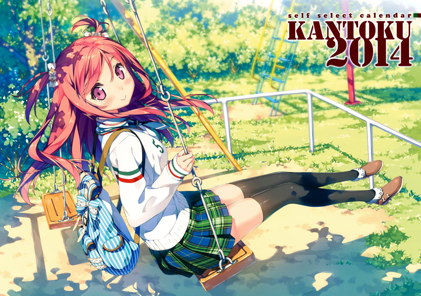 1girl, 2014, absurdres, backpack, bag, black_legwear, blush, hair_ribbon