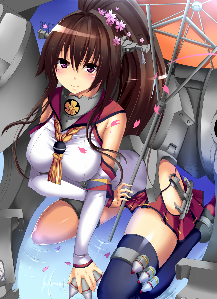 1girl, ammunition, anchor, black_legwear, blush, breasts, brown_eyes, brown_hair