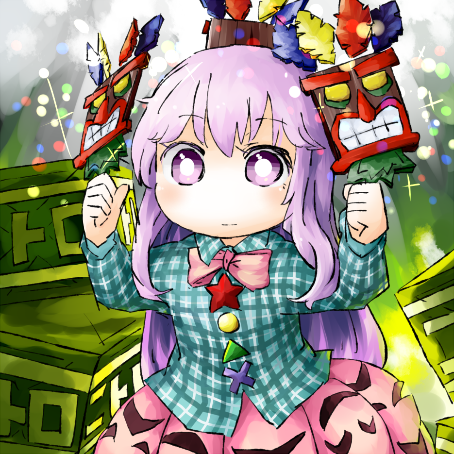 1girl, aku_aku, bubble_skirt, crash_bandicoot, expressionless, hata_no_kokoro, long_hair, long_sleeves