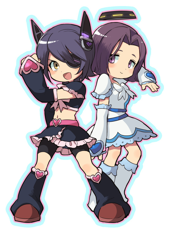 2girls, arm_warmers, bike_shorts, boots, cure_black_(cosplay), cure_white, cure_white_(cosplay), dress