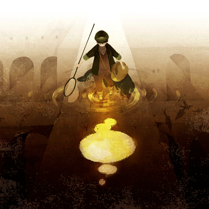 animal, bag, boy, butterfly_net, dog, hand_net, hat, male