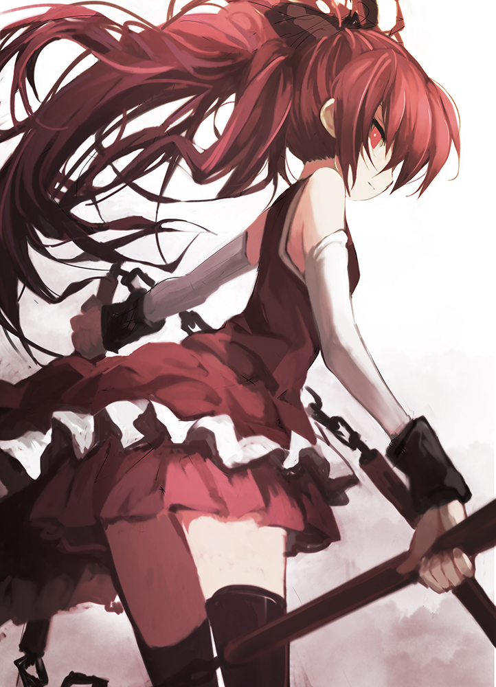 1girl, bare_shoulders, black_legwear, boots, casual, detached_sleeves, long_hair, looking_at_viewer