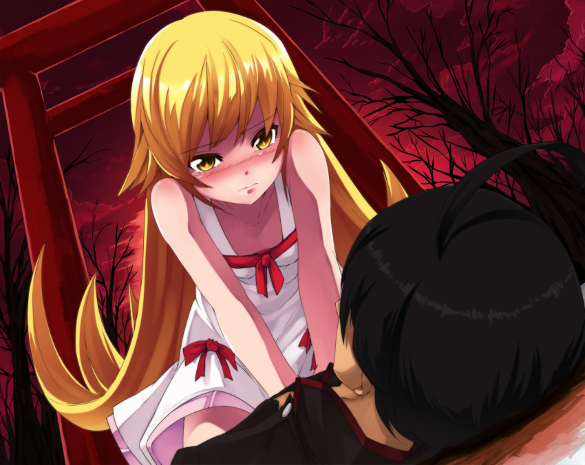 1boy, 1girl, ahoge, araragi_koyomi, bakemonogatari, black_hair, blonde_hair, blush