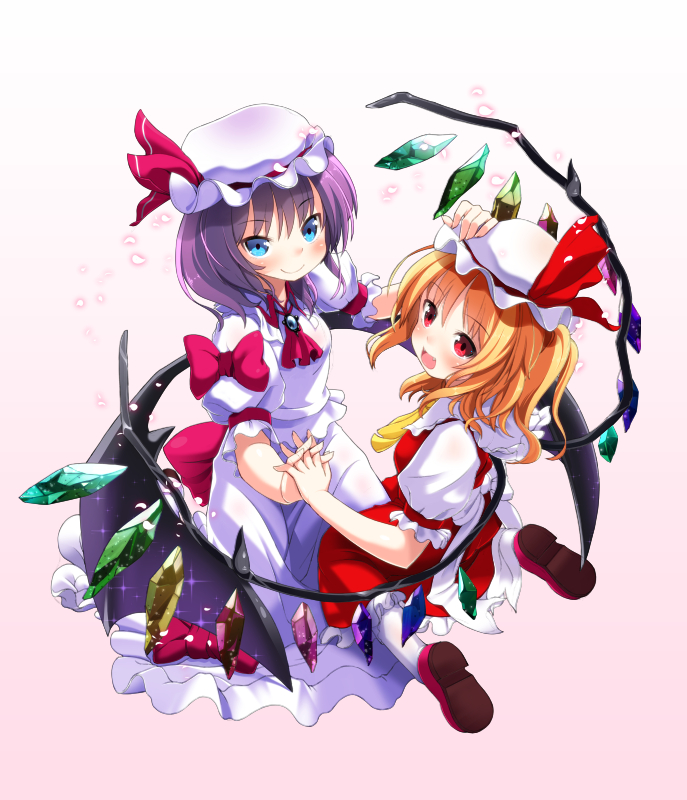 2girls, at-yui, bat_wings, blonde_hair, blue_eyes, bow, brooch, hat, hat_bow, interlocked_fingers, jewelry, lavender_hair, multiple_girls, red_eyes, siblings, sisters, touhou, wings