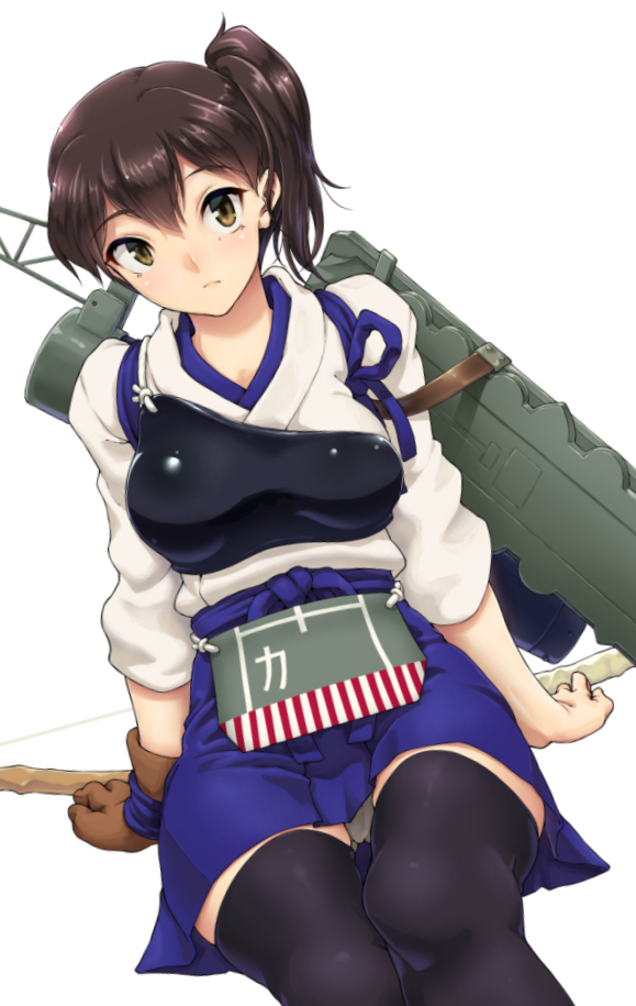 1girl, aya_shachou, black_legwear, bow_(weapon), brown_eyes, brown_hair, japanese_clothes, kaga_(aircraft_carrier)