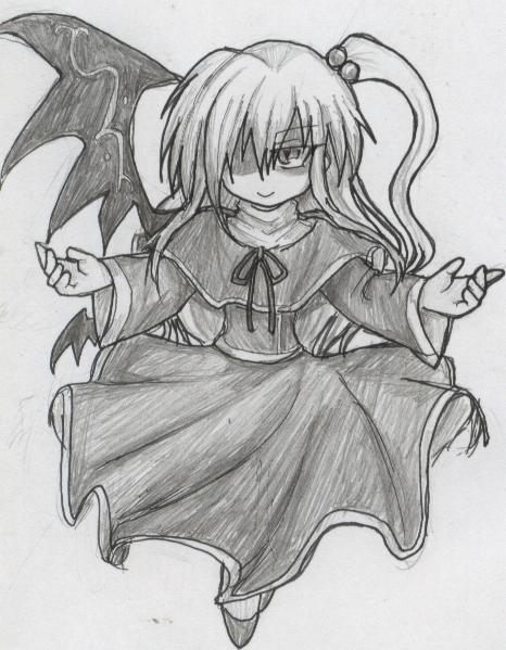 1girl, asymmetrical_wings, hair_bobbles, hair_ornament, kouma_bonmaid, monochrome, shinki, side_ponytail, tagme, touhou, touhou_(pc-98), wings