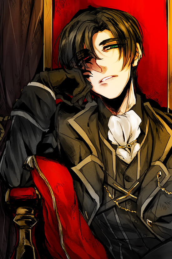 1boy, black_hair, chair, cravat, formal, gloves, green_eyes, heterochromia, male, red_eyes, scar, sitting, solo, spoilers, suit, tales_of_(series), tales_of_xillia, tales_of_xillia_2, victor_(tales), warakusa
