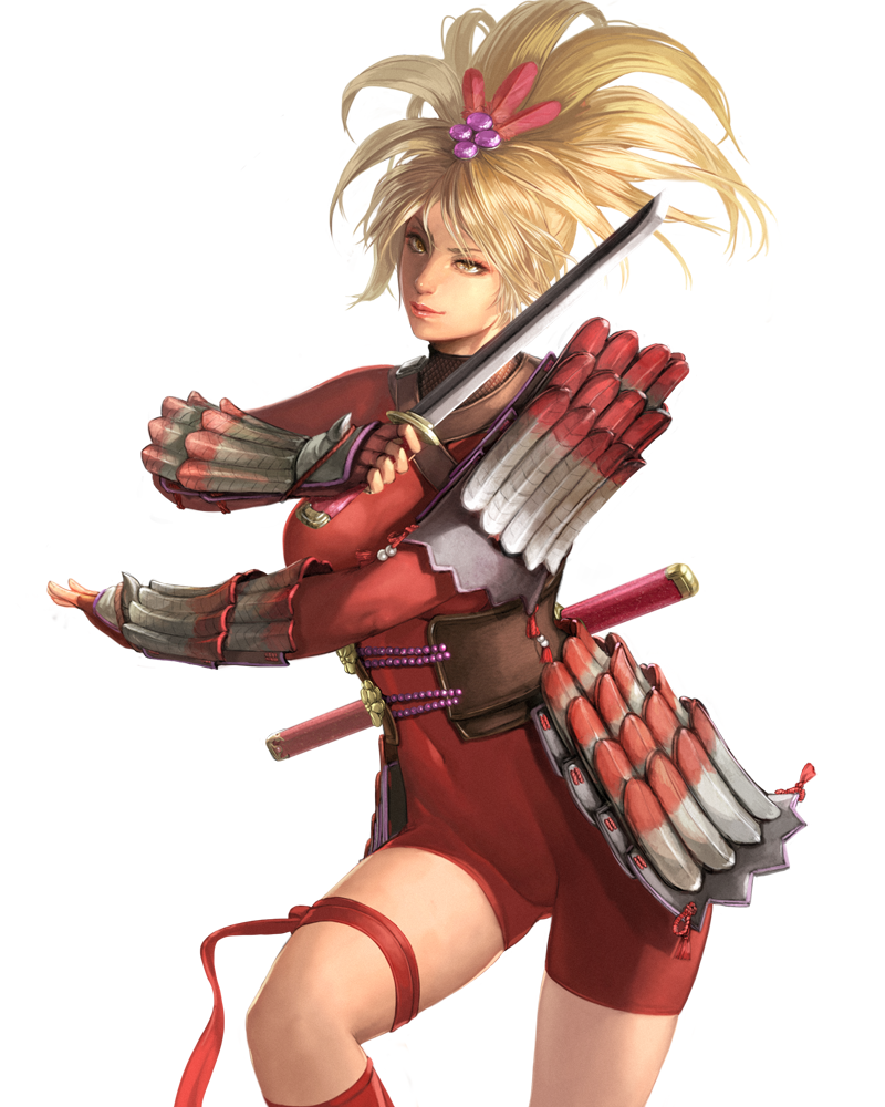 1girl, armor, bad_id, blade, blonde_hair, bodysuit, closed_mouth, clothed_navel