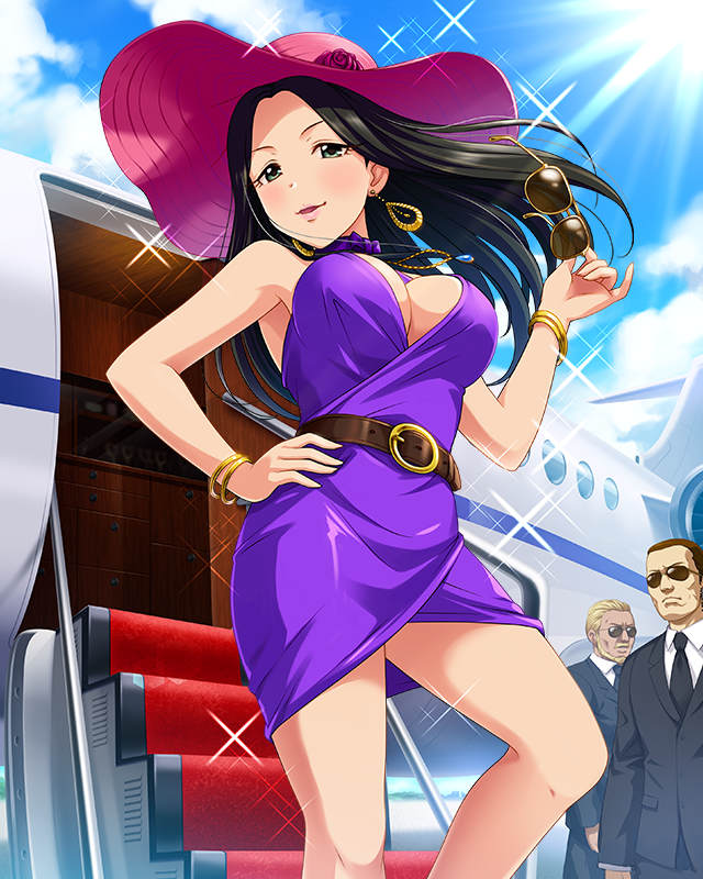 1girl, 2boys, artist_request, belt, black_hair, bracelet, breasts, earrings