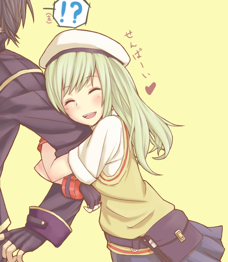 1boy, 1girl, arm_hug, belt, belt_pouch, black_gloves, black_hair, blush